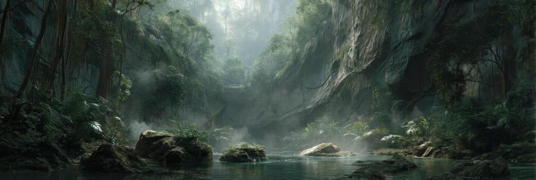 Lush Green Jungle Landscape with Misty River and Rock Formations Surrounded by Dense Foliage and Towering Trees photo