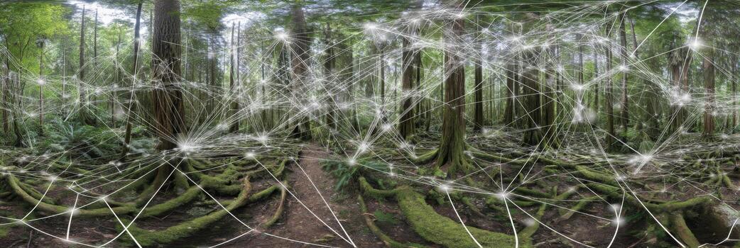 Enchanted Forest with Digital Connections, Showcasing Nature and Technology Intertwined in a Lush Green Ecosystem photo