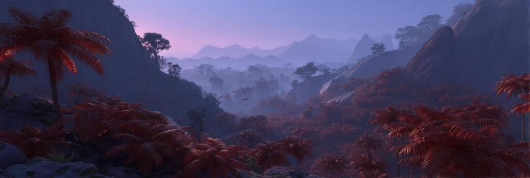 Serene Landscape of Majestic Mountains and Lush Red Ferns at Dusk with Mystical Atmospheric Effects in the Background photo