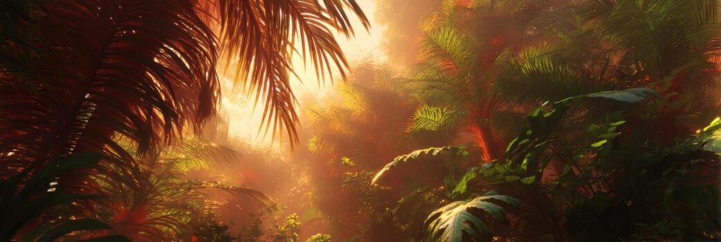 Lush Tropical Forest with Sunlight Shining Through Dense Greenery and Colorful Leaves in a Serene Natural Environment photo