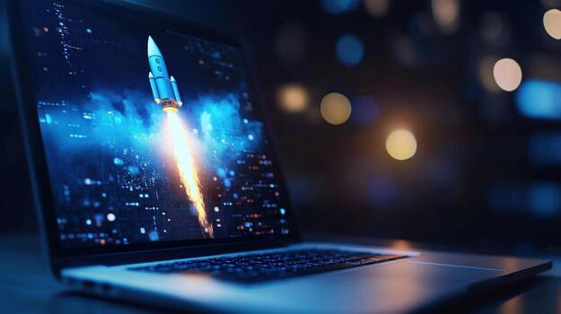 Laptop Displaying a Rocket Launch Symbolizing Innovation and Technological Advancement photo