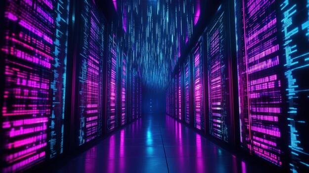 Neon Data Center A futuristic server room with vibrant pink and blue digital displays showcasing the power of modern technology and data processing. photo