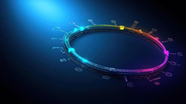Abstract Futuristic Technology Ring Concept A Digital Circular Interface with Neon Colors and Data Icons photo