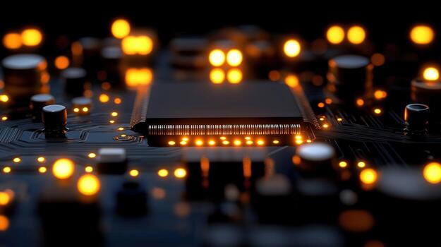 Illuminated CPU on circuit board glowing tech background photo