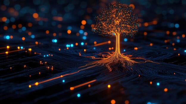 Digital tree growing on circuit board glowing network background tech concept photo