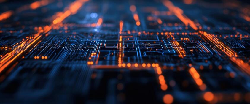 Abstract digital circuit board glow, data flow, technology background, website banner photo