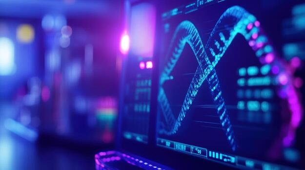 Data visualization screen, lab background, neon lights, analysis photo