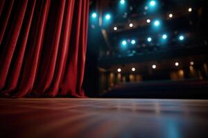 teatro etapa cortina, luces, audiencia, madera piso foto