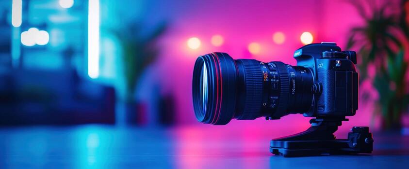 DSLR camera neon studio setup, bokeh background, production photo