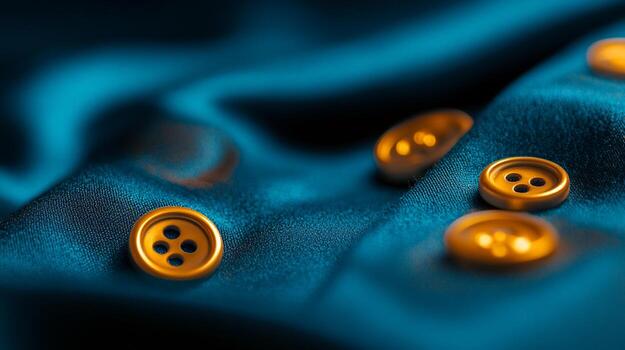Golden buttons on teal silk fabric, closeup, dark background, textile design photo