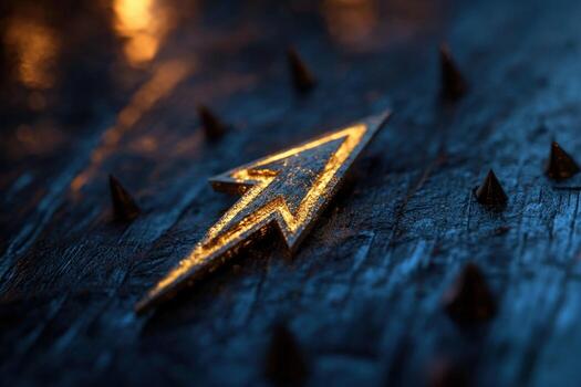 Glowing arrow points upward on dark, spiked surface photo