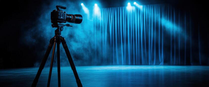 Camera on tripod, stage lighting, smoky background, event filming photo