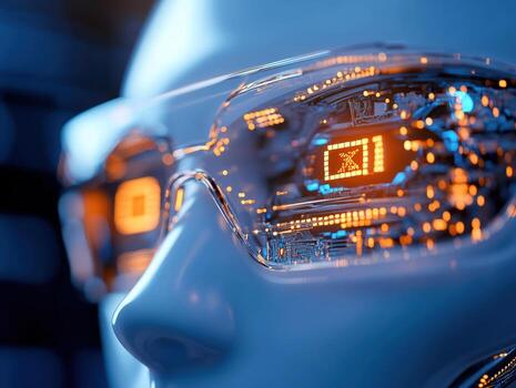 Futuristic glasses display data robot face tech lab background photo