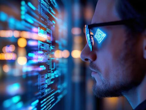 Programmer reviewing code, night office, data streams, augmented reality photo