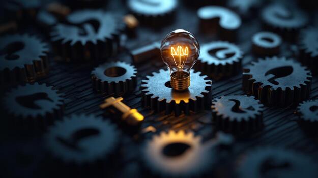 Glowing idea in gears, question marks background, problem solving concept photo