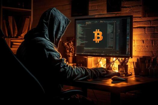 A man in a hoodie is sitting at a computer with a bitcoin logo on it photo