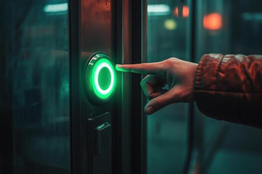 A person pressing a button on a door photo