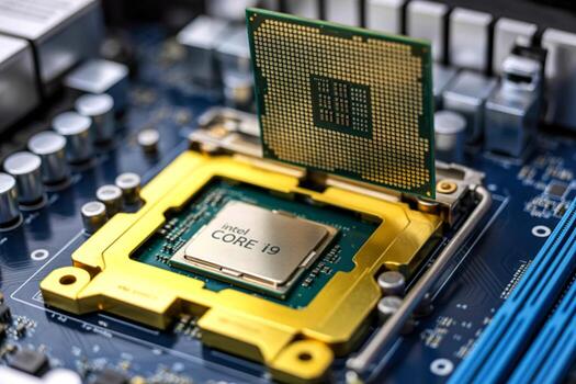 Intel core i9 processor being installed into a motherboard socket photo