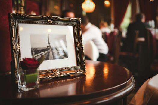 Framed eiffel tower photograph on a table with a rose photo
