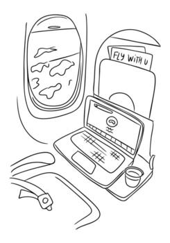 Airplane window view with laptop on tray table and cup of drink, hand drawn in simple lines. Represents remote work, travel lifestyle, and digital nomad concept vector