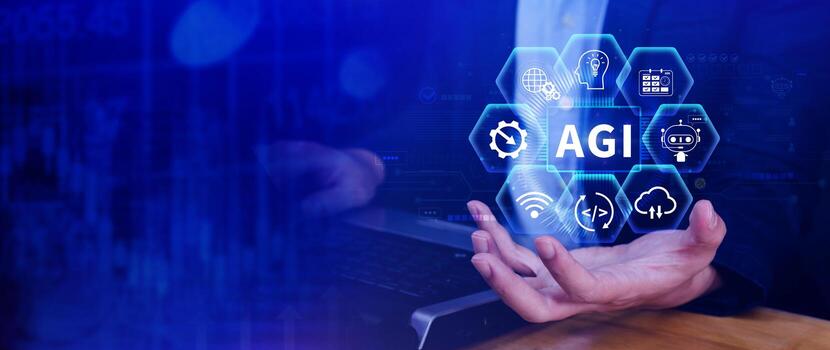 agi concepto, artificial general inteligencia, ai conocimiento aprendizaje tecnología, agi es el futuro de moderno mundo, combinación de humanos y ai. agi foto