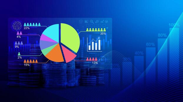 mercado investigación y márketing análisis con ai tecnología. cliente encuestas y Estadísticas. analistas toque en tarta cartas y gráficos, financiero crecimiento grafico gráfico informe, negocio planificación. mercado foto