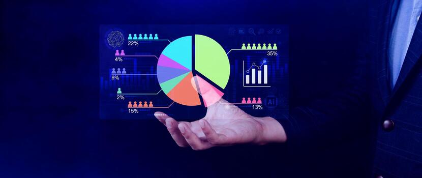 Market research and marketing analysis with Ai technology. customer surveys and statistics. analysts touch on pie charts and graphs, financial growth graph chart report, Business planning, research photo