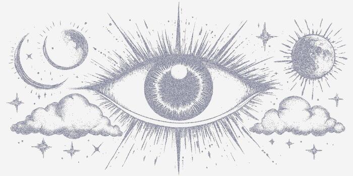 místico elementos, ojo, nubes y estrellas. borroso tinta formar con polvoriento grano capa, áspero punteado modelo y desgastado papel textura. vector