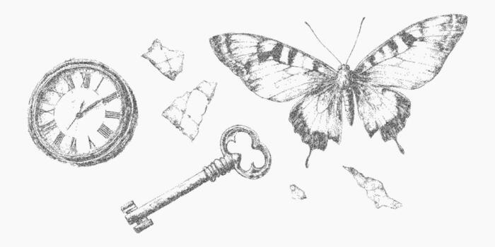 Butterfly, keys, watch and broken glass. Graphic shape with rough grit, threshold blur and stippled ink noise, dusty grain pattern and faded grunge edges. vector