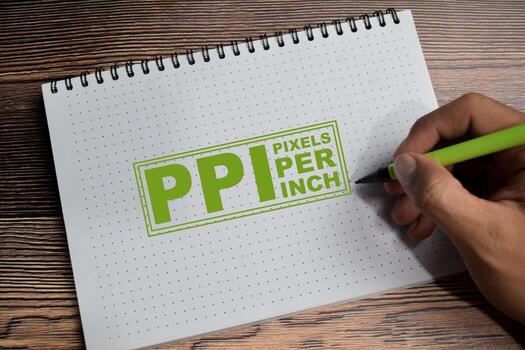 Concept of PPI - Pixels Per Inch are measurements of the pixel density write on book isolated on Wooden Table. photo