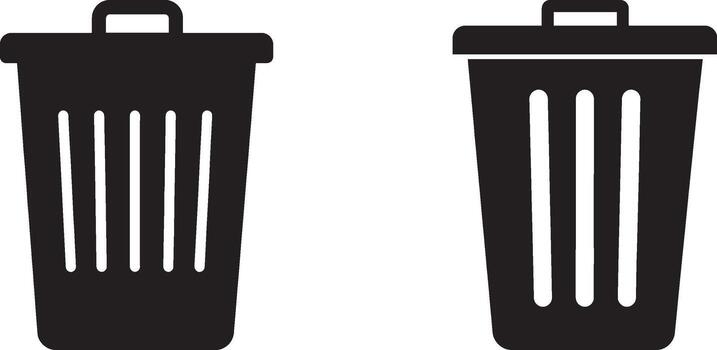 Trash can icon set, featuring a simple rubbish bin and garbage container symbols for deletion and removal vector
