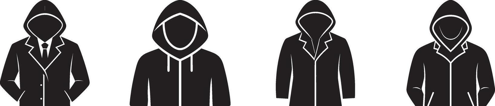 An anonymous person in a hoodie icon set. hacker or criminal silhouette for security concept illustration vector