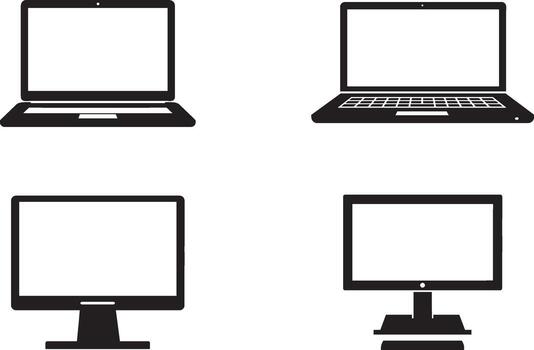computadora monitor y ordenador portátil íconos colocar, escritorio ordenador personal y cuaderno símbolo recopilación, digital dispositivo glifos vector