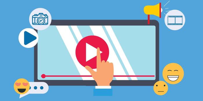 illustration of a tablet held by a hand playing and rotating a , perfect for content creator, creator, social media. vector