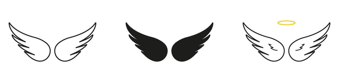 Stylized Bird Wings Line And Solid Icon Set. Long Curved Feather Shapes For Celestial Flight And Guardian Identity In Holy Visual Themes. Symbol Collection. Isolated Illustration vector