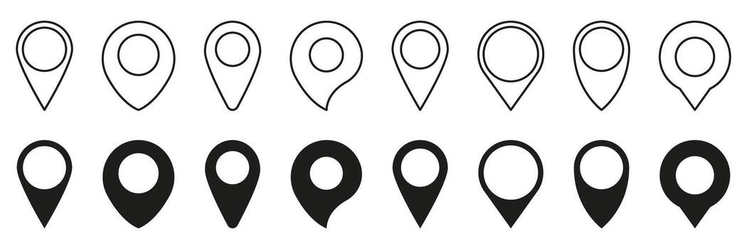 Map Location Pin Line And Solid Icon Set. Navigation And Geolocation Marker Outline And Silhouette Symbol Collection. Gps Positioning And Mapping Tool. Isolated Illustration vector