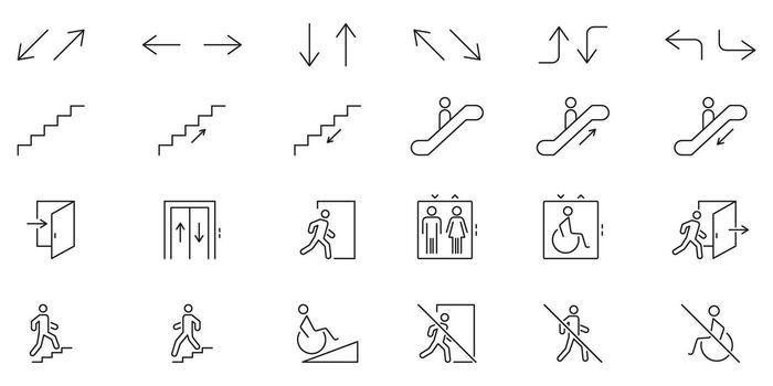 Directional And Accessibility Icons Set. Navigation, Movement and Accessibility Symbols Collection. Includes Arrows, Stairs, Escalators. Editable Stroke. Isolated Illustration vector