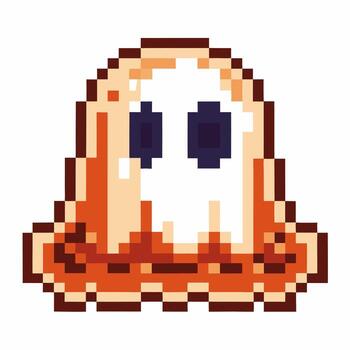 Retro pixel art cute orange ghost with large eyes nostalgic game character, 8 bit digital icon, playful fantasy mascot vector