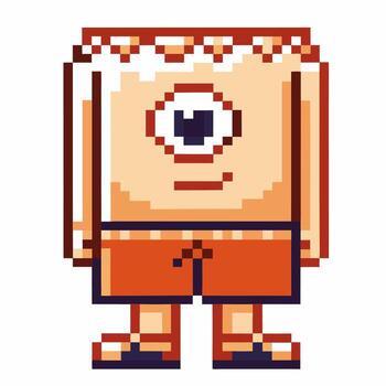 Pixel art cyclops character with single large eye, monster design, orange shorts, retro game avatar vector