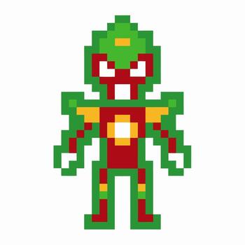 Pixel art alien robot character with red and green armor, retro game sprite, futuristic digital mascot vector