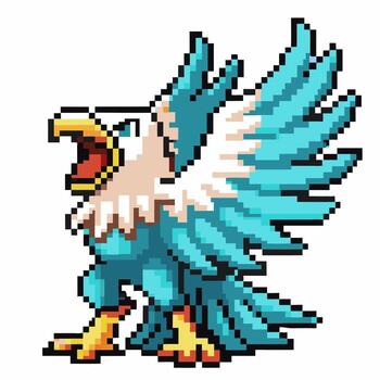 Pixel art eagle creature with spread blue wings and open beak retro game sprite, mythical digital bird design vector