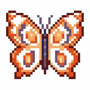 Pixel art butterfly with geometric orange, brown, and cream patterns retro digital insect illustration on white background vector