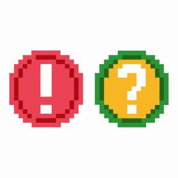 Pixel art red exclamation mark and yellow question mark icons retro game design, warning symbol, alert, information notification vector