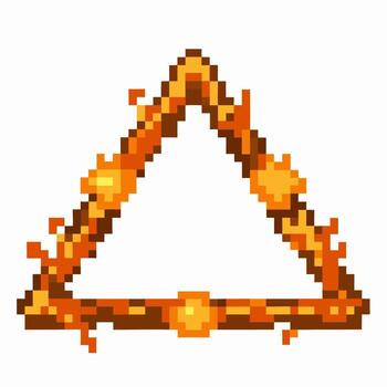 Pixel art burning triangle with glowing fire frame and orange flames retro digital design, geometric shape, isolated white background vector