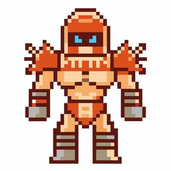 Retro pixel art armored warrior in orange helmet and spiked shoulder pads, standing strong with clenched fists, 8 bit vector