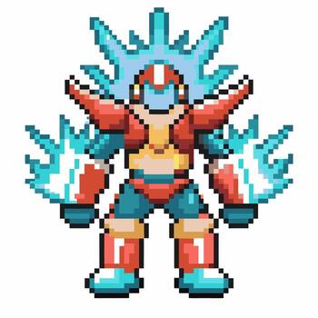 Pixel art futuristic robot warrior with blue energy aura and fiery armor retro game character, power up transformation vector