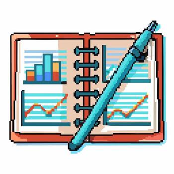 abierto espiral cuaderno con negocio cartas y gráficos, bolígrafo acostado diagonalmente, financiero planificación y datos análisis concepto vector