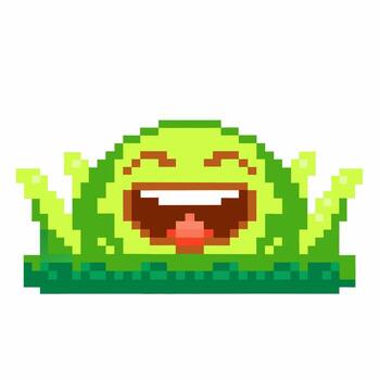 Happy green pixel art slime character with smiling face on grass, playful emoji for game design, 8 bit retro vector