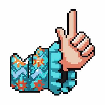 pixel art hand pointing up, retro game finger gesture colorful patterned sleeve, isolated on white, direction icon vector