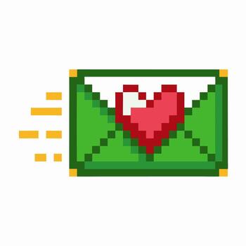 píxel Arte correo electrónico sobre con rojo corazón símbolo, mensaje de amor y afecto, digital comunicación, retro icono vector